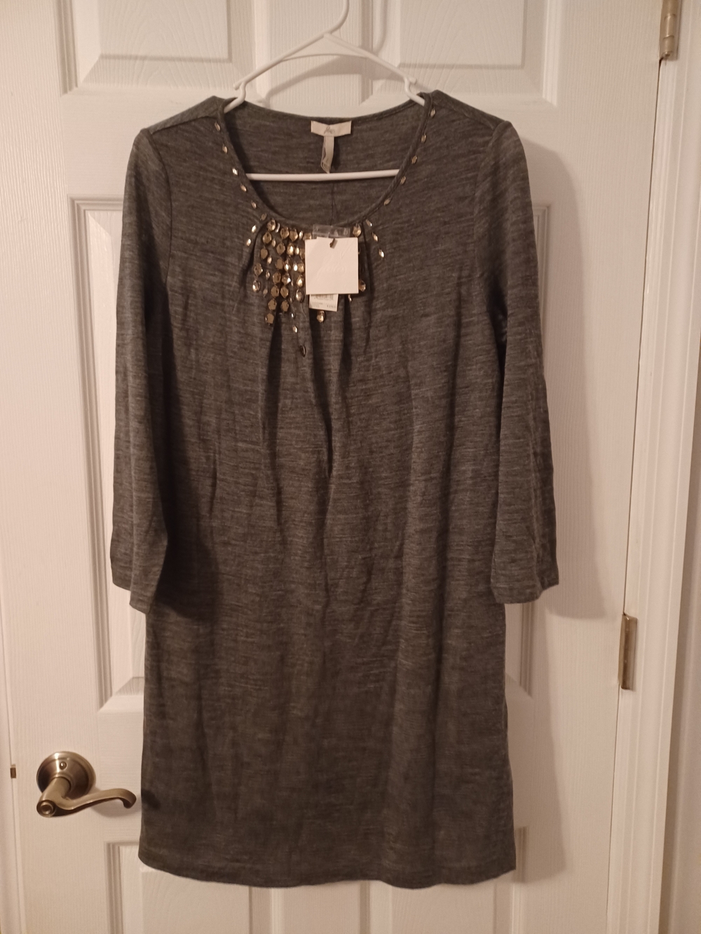 Joie Gray Shift Dress with Gold Neck Embellishment